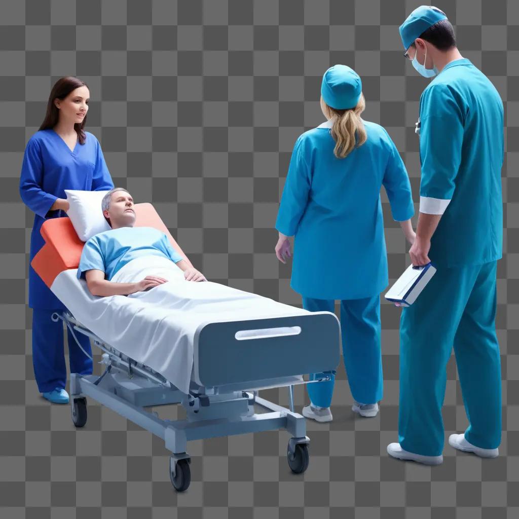 Three people in scrubs at a hospital bed