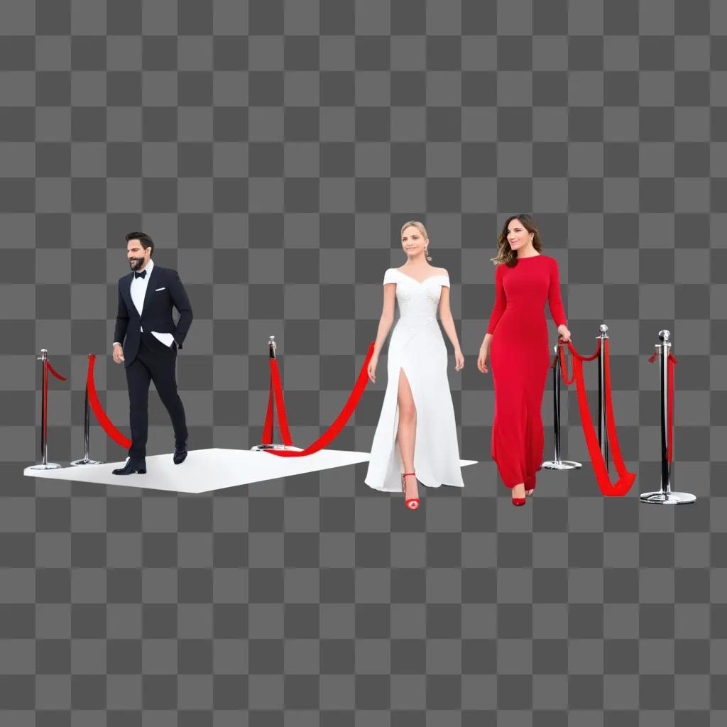 Three people on red carpet with red ropes