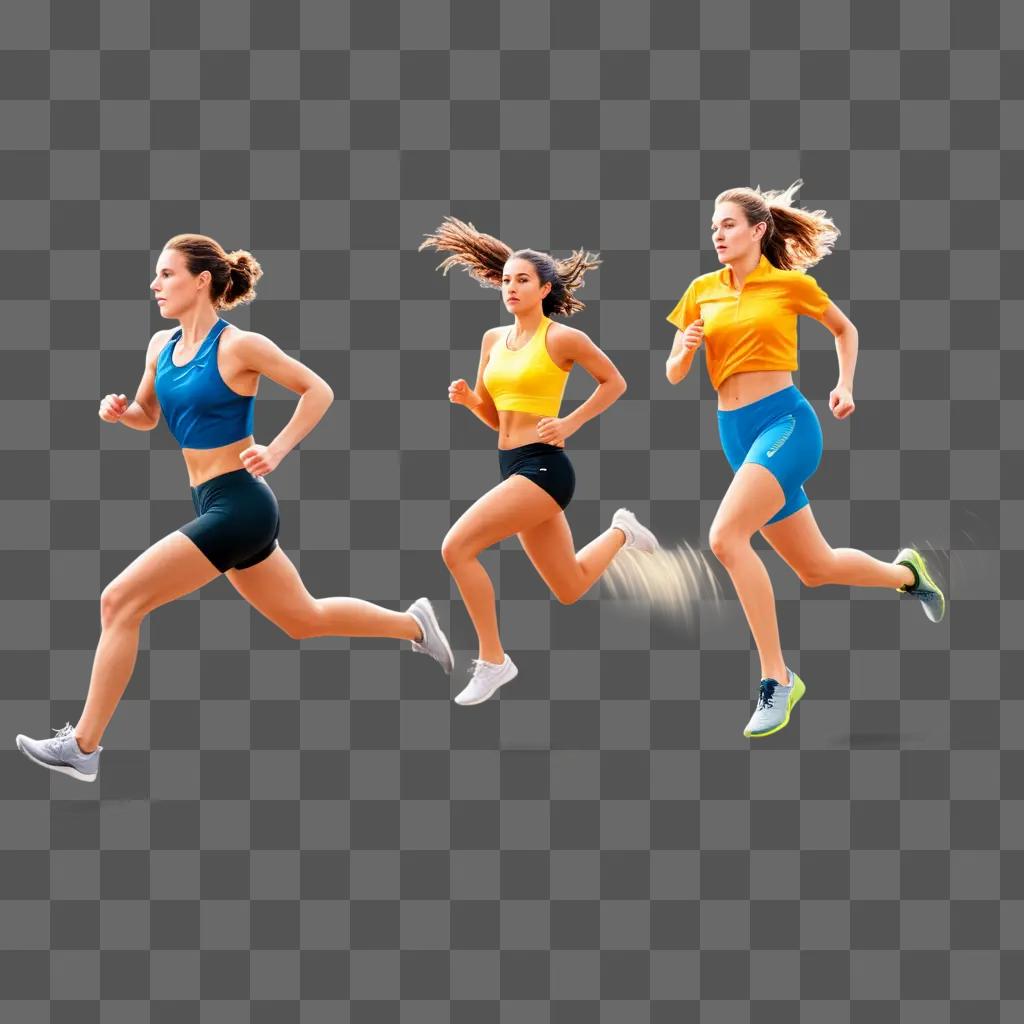 Three people running in a line on a beige background