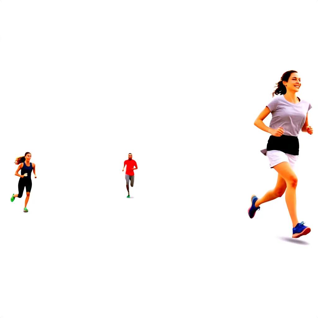 Three people running together on a white background