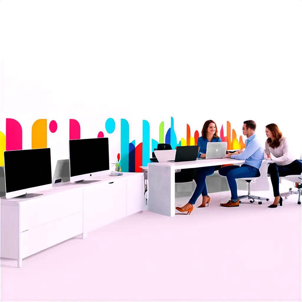 Three people sitting at a desk in a brightly colored room