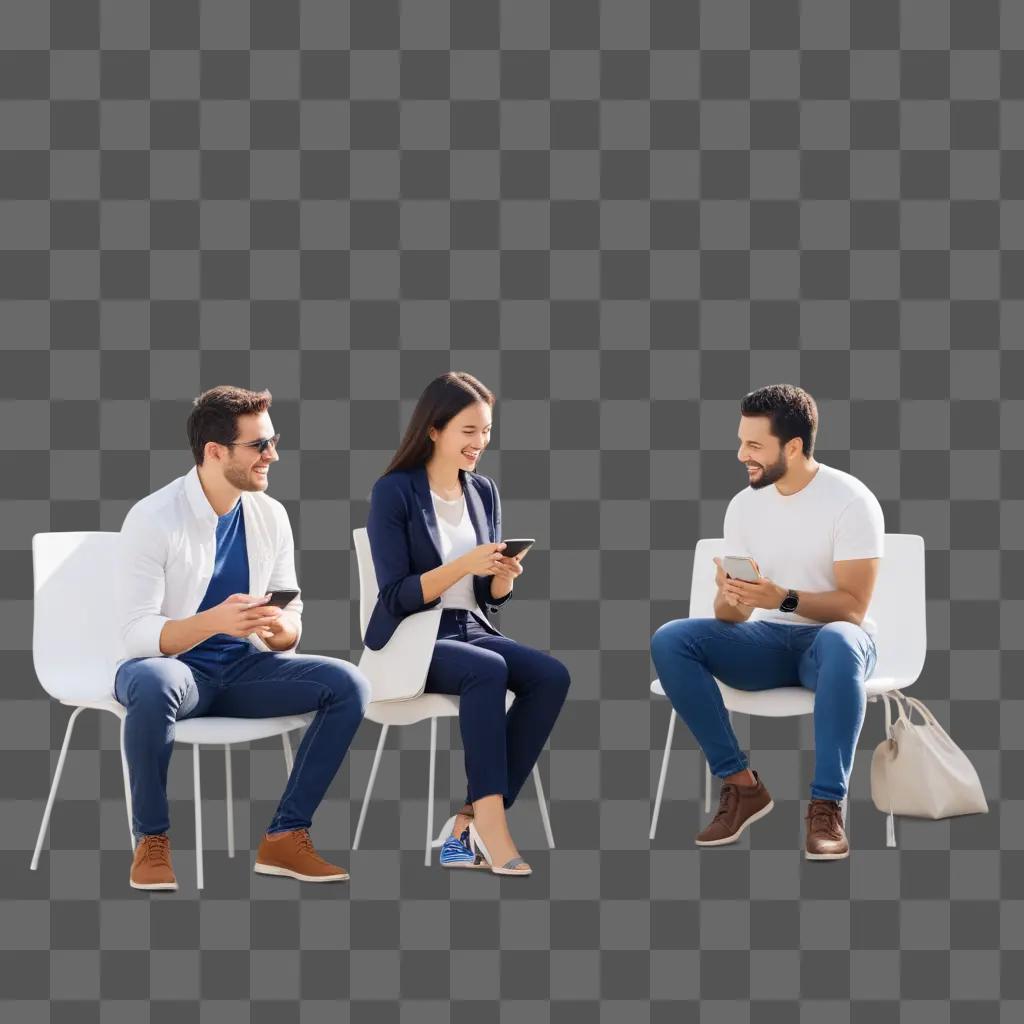 Three people sitting with phones, communicating via digital devices