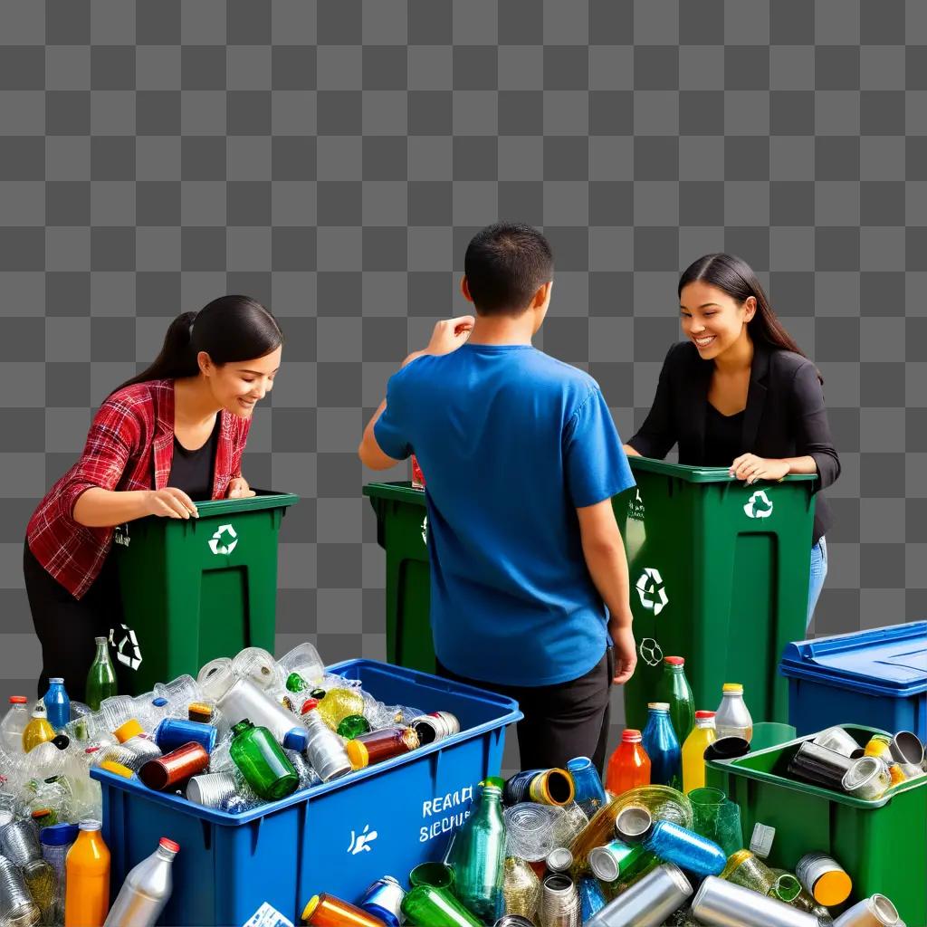 Three people sorting recyclables into bins