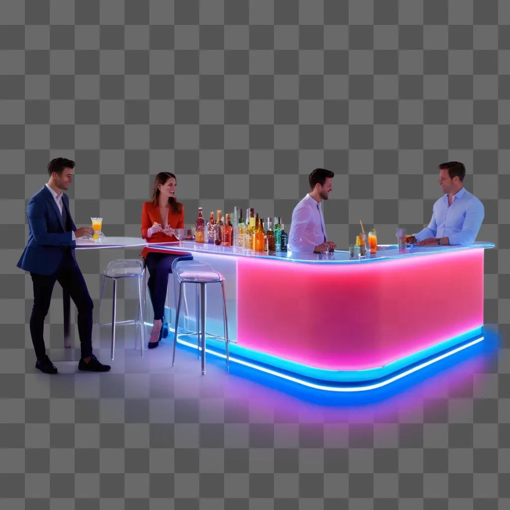 Three people standing in a bar with a lit-up bar