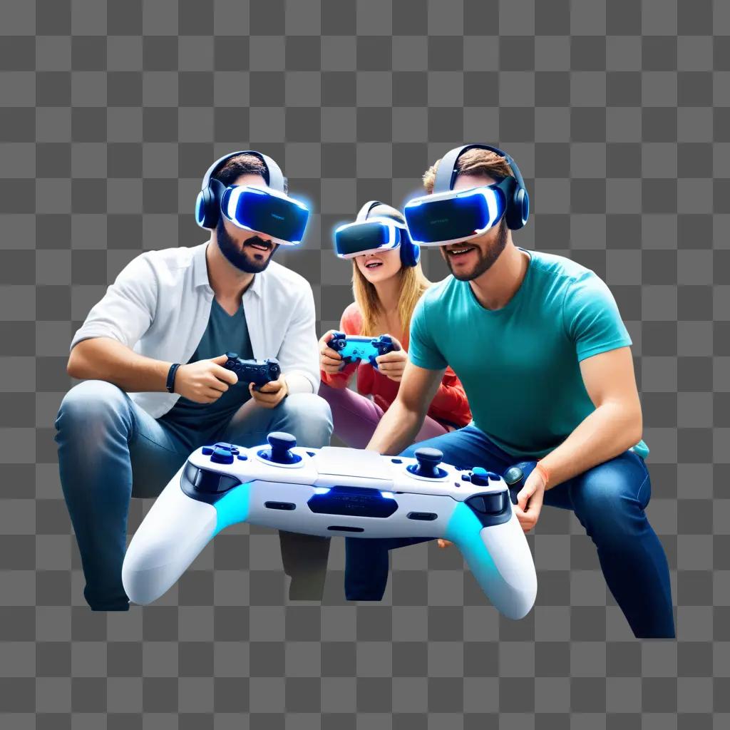 Three people wearing virtual reality headsets play a game