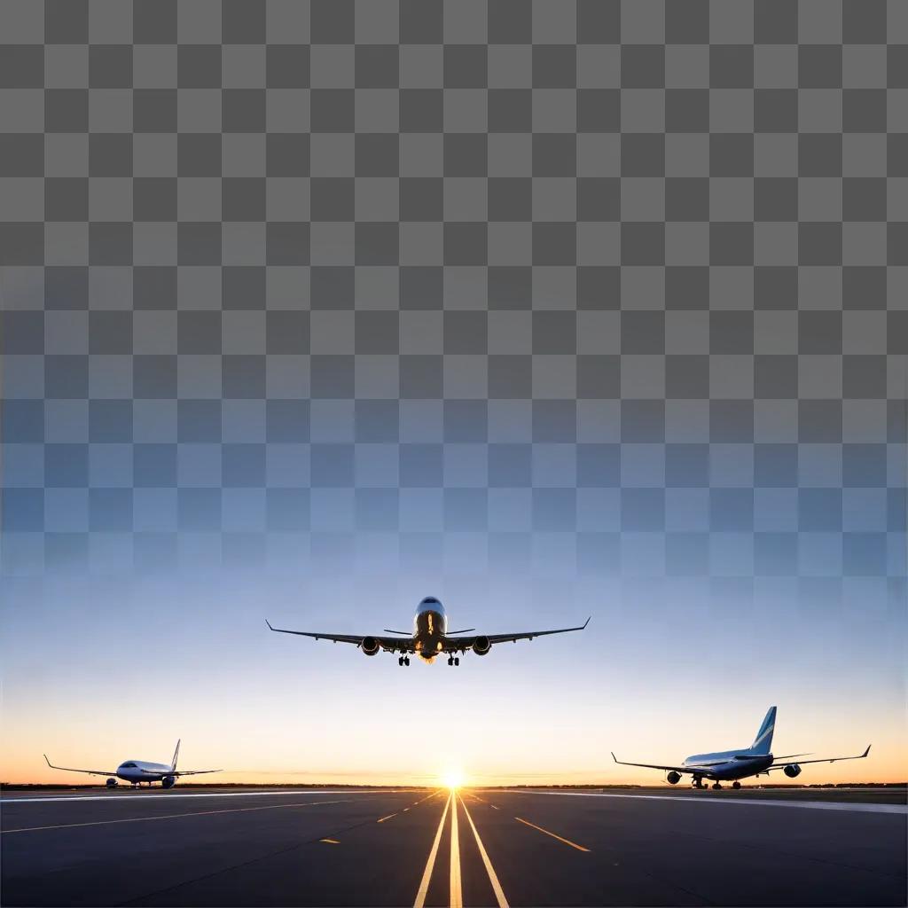 Three planes on runway at sunset