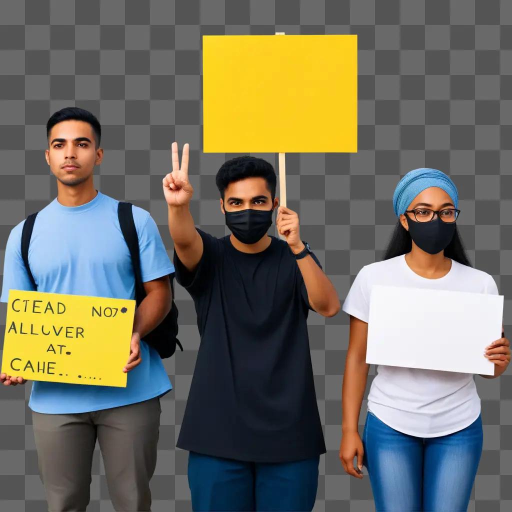 Three protesters holding signs in front of a yellow background