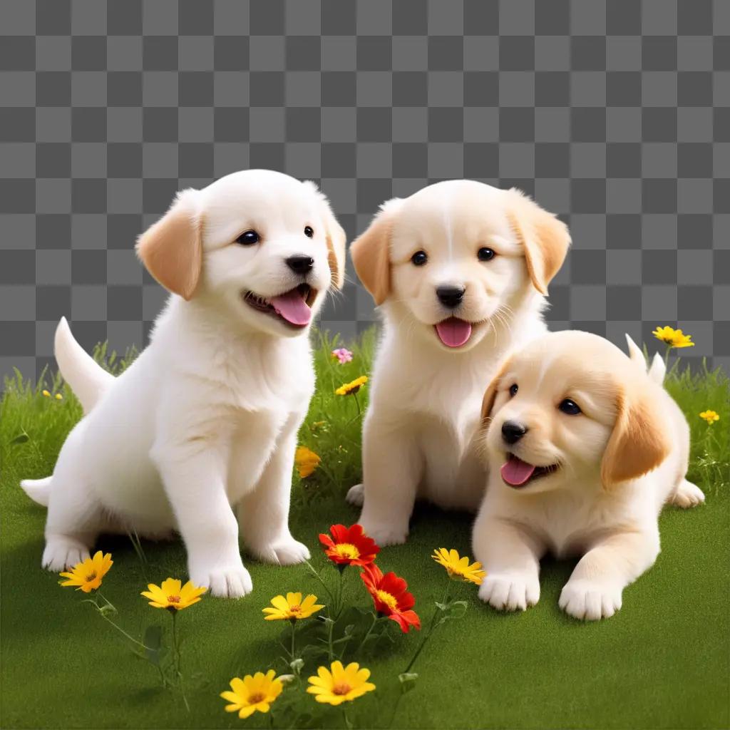 Three puppies lie in the grassy field