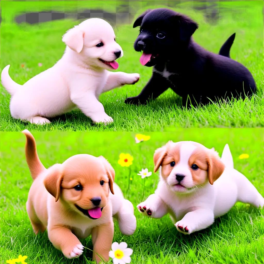 Three puppies play in the grass