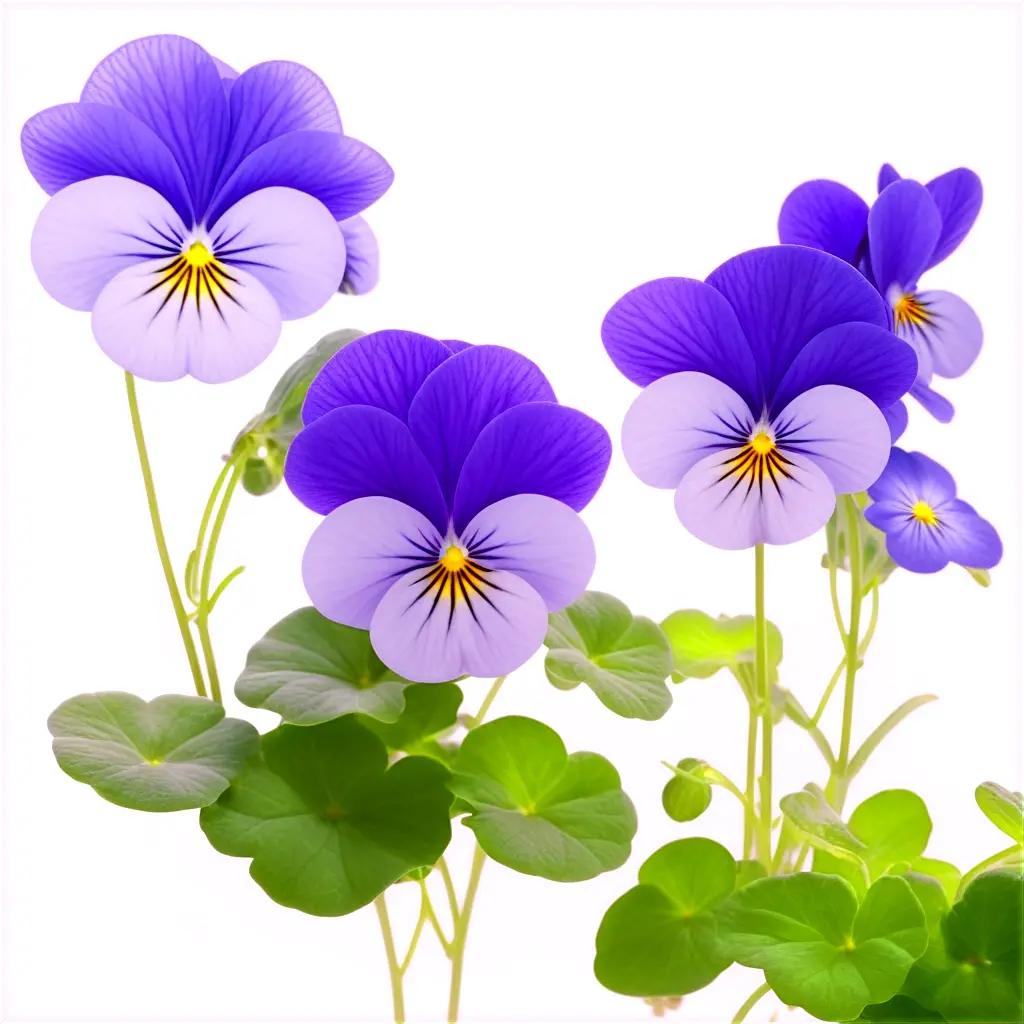 Three purple and blue violets on a white background