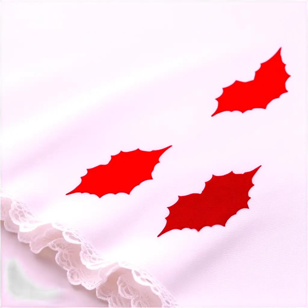 Three red leaves on a white surface with a lipstick stain