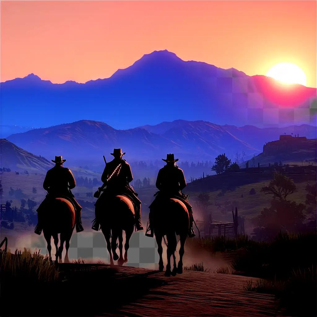 夕暮れ時の渓谷を馬に乗った3人の騎手