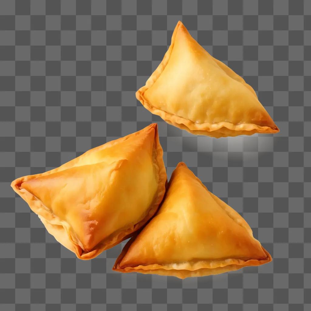 Three samosas on a yellow background