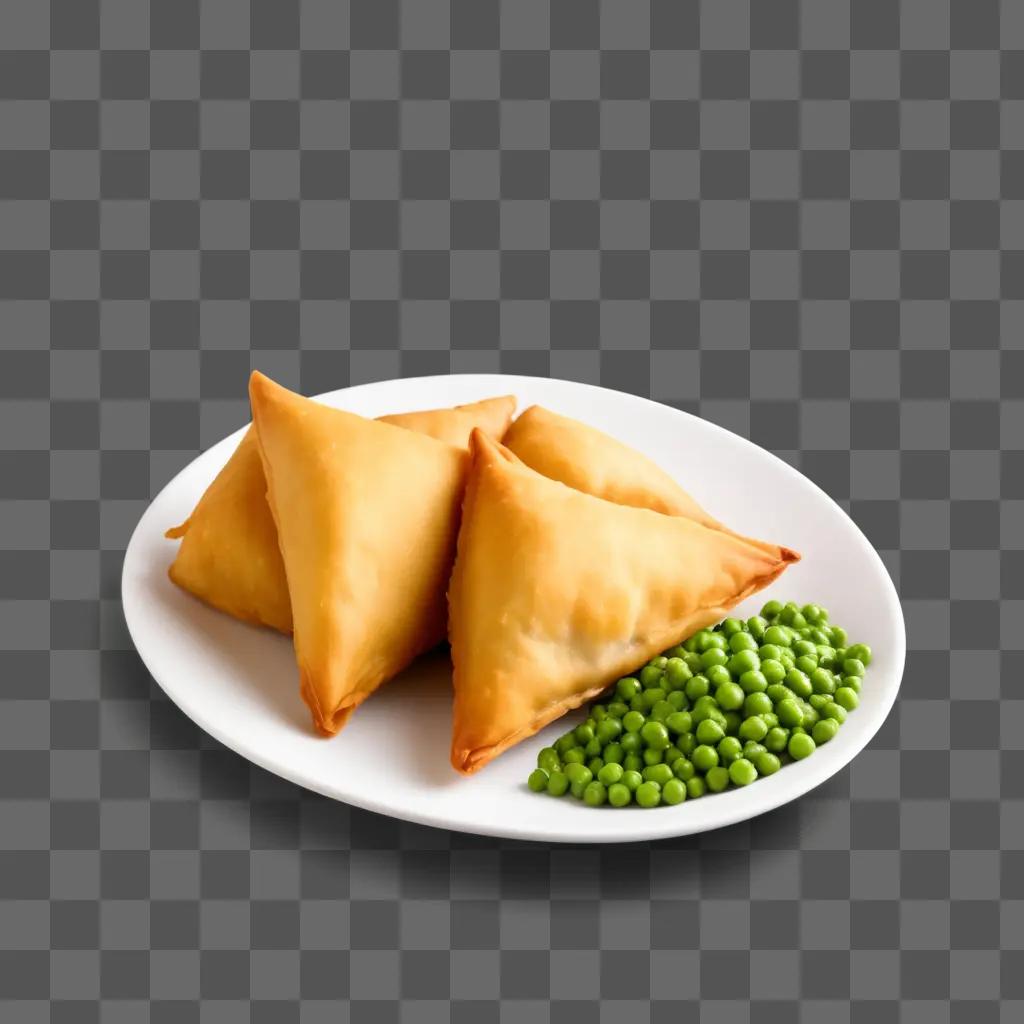 Three samosas sit on a plate with peas