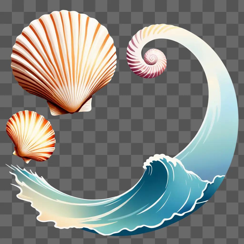 Three seashells in a swirling ocean wave