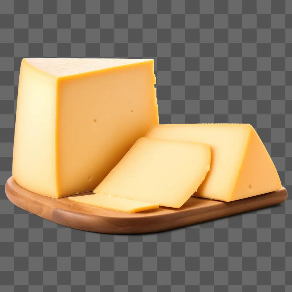 Three slices of cheese on a wooden tray