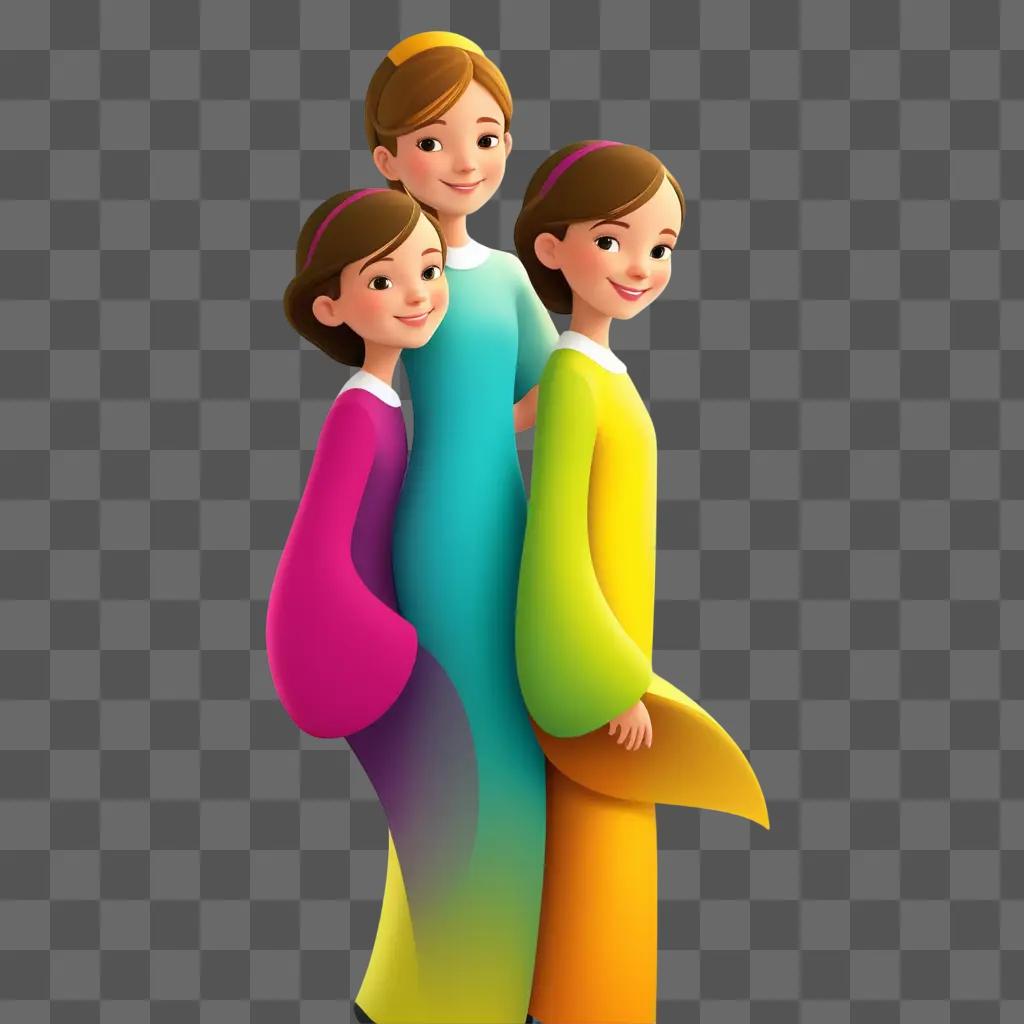 Three smiling sisters in colorful outfits