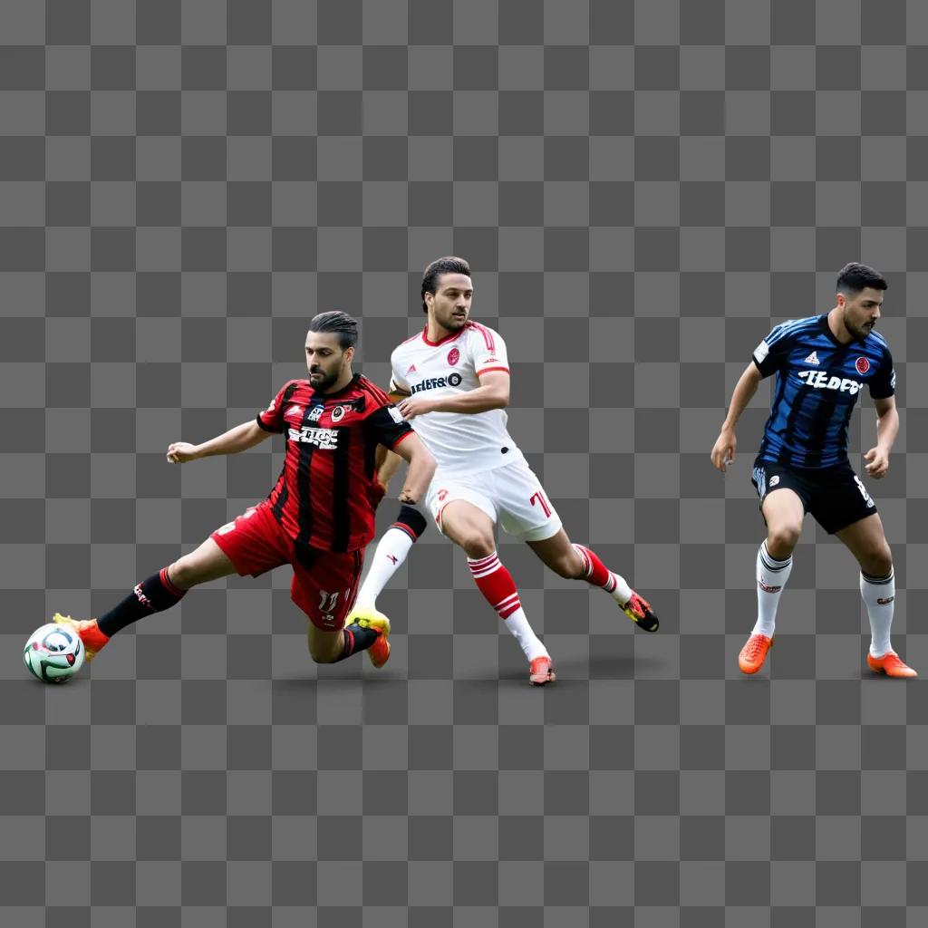 Three soccer players run toward the ball in a Flamengo uniform