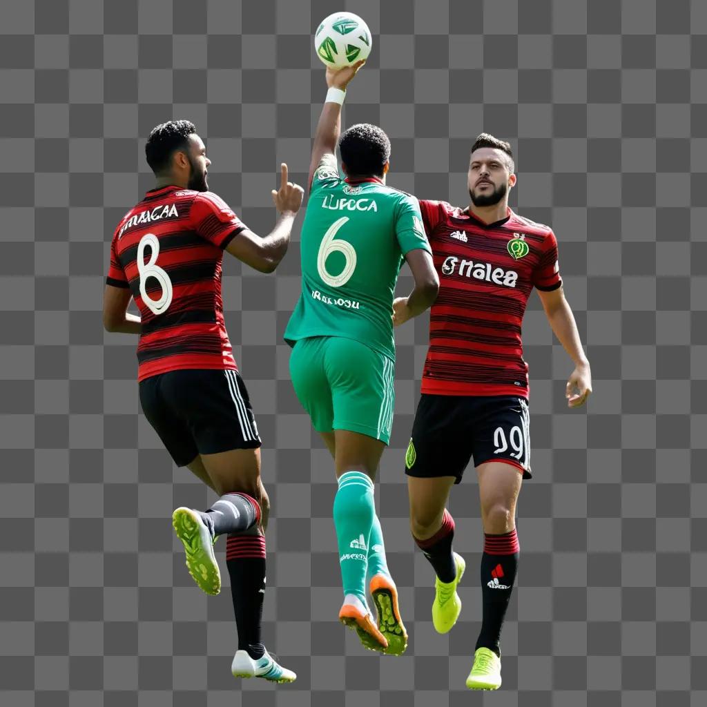 Three soccer players wearing flamengo jerseys in the air