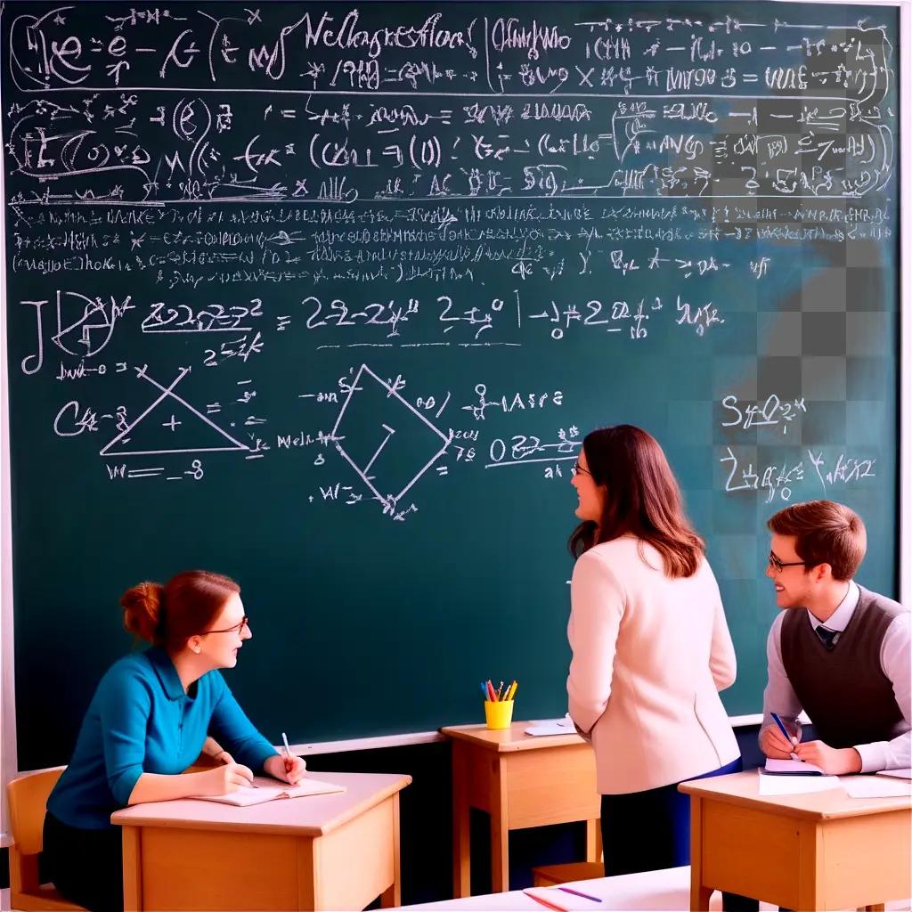 Three students work on math problems on chalkboard