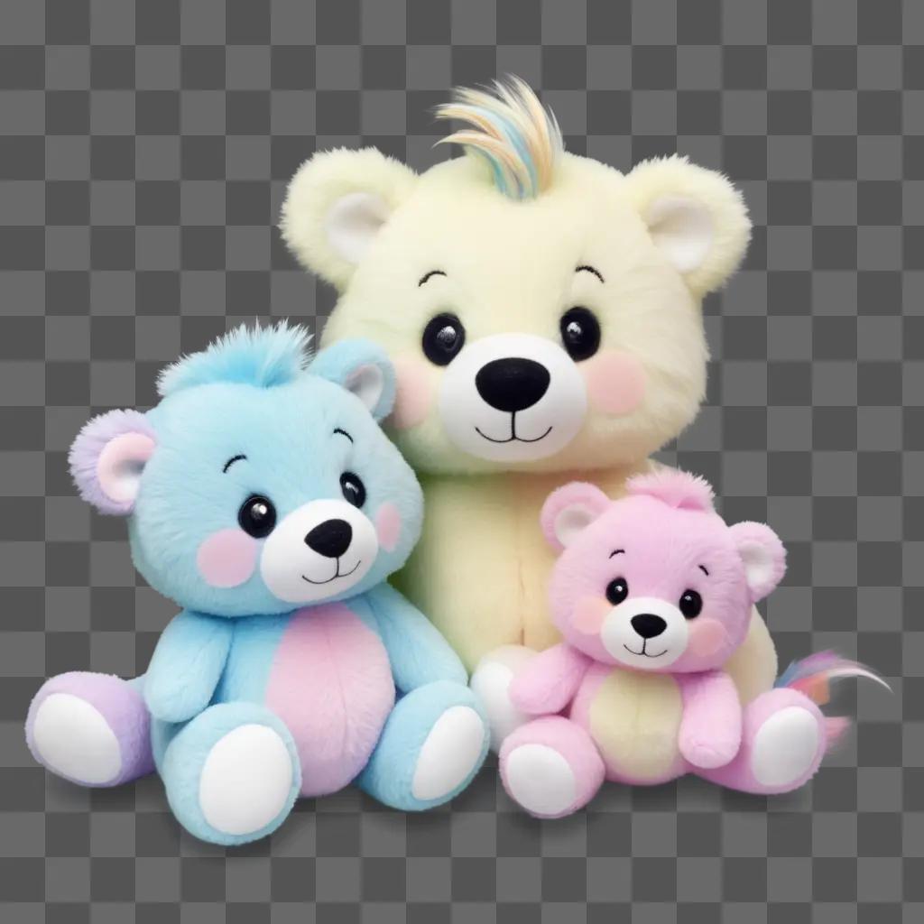 Three stuffed animals sit in a row