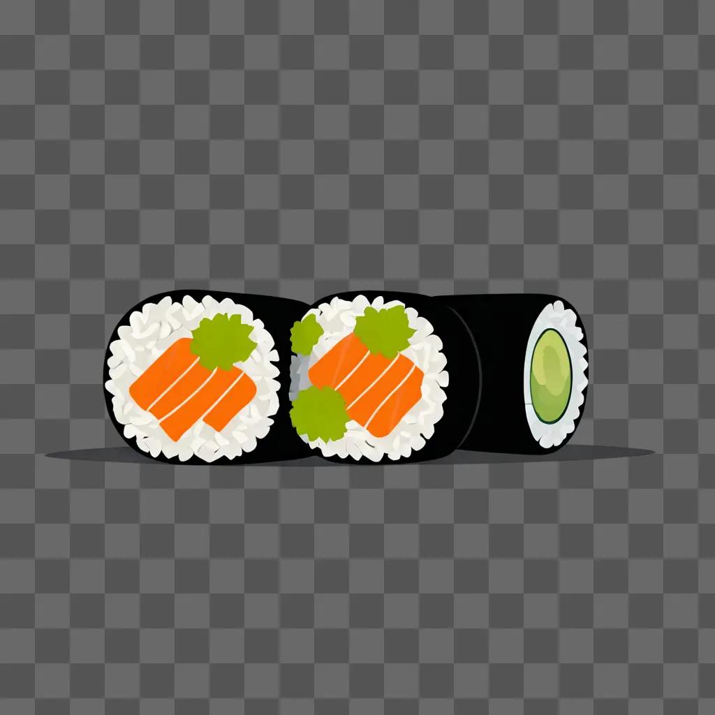 Three sushi rolls illustrated on a brown background