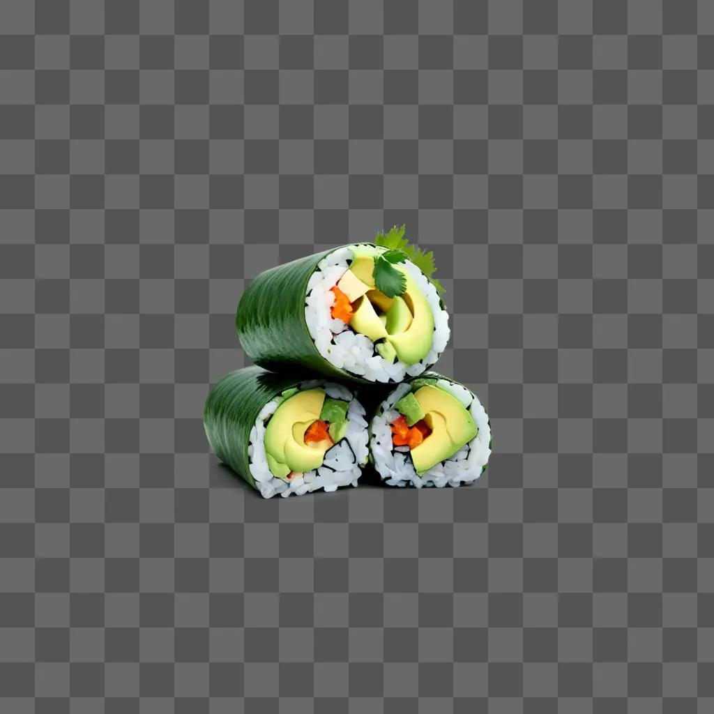 Three sushi rolls with vegetables and sauce on green background