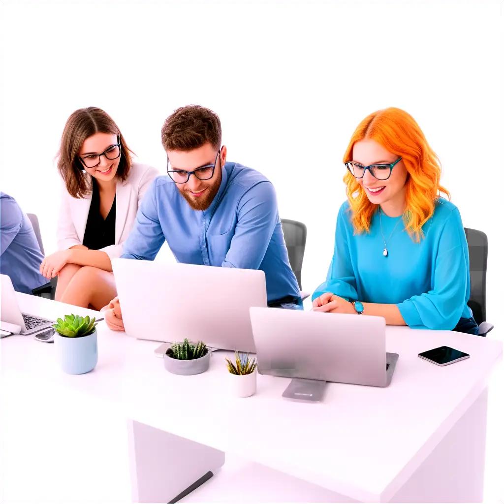 Three techies at a desk with laptops