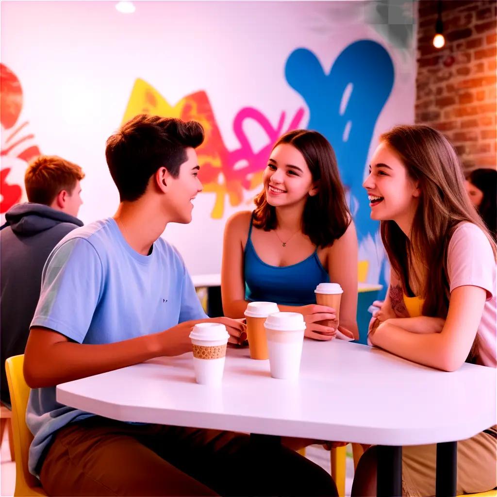 Three teenagers are having coffee