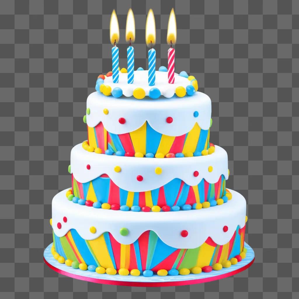 Three-tiered birthday cake with lit candles