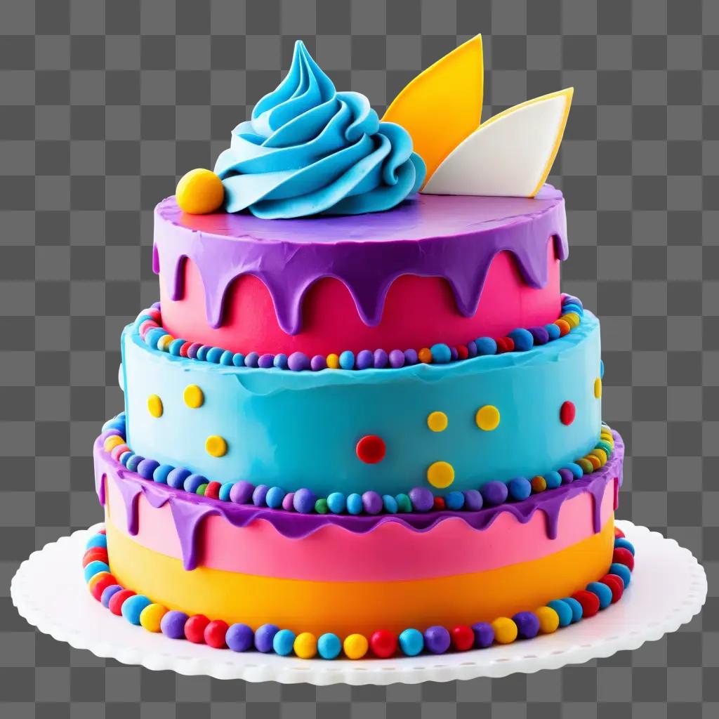 Three-tiered cake with colorful icing and brightly colored dots