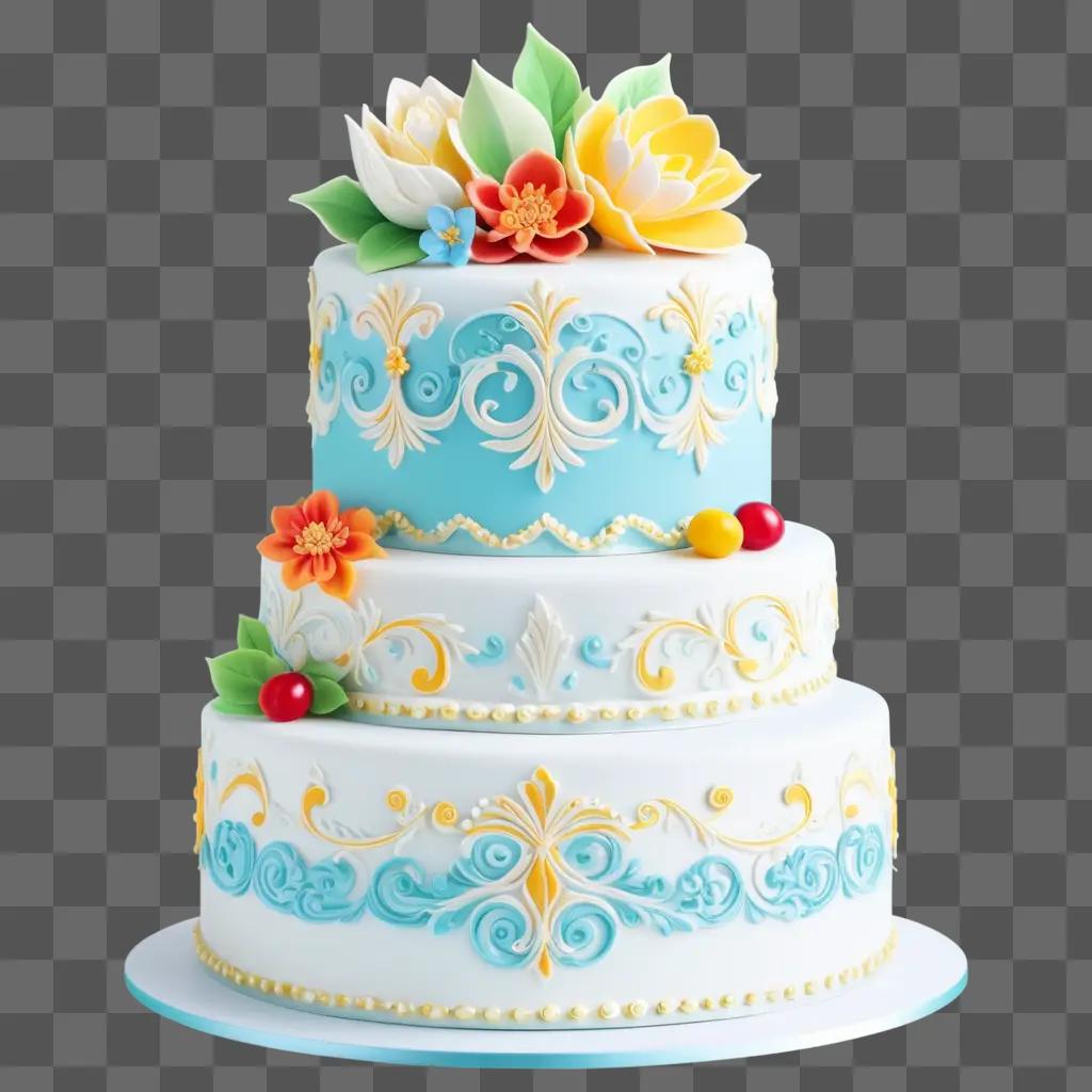 Three-tiered cake with flowers and leaves on top