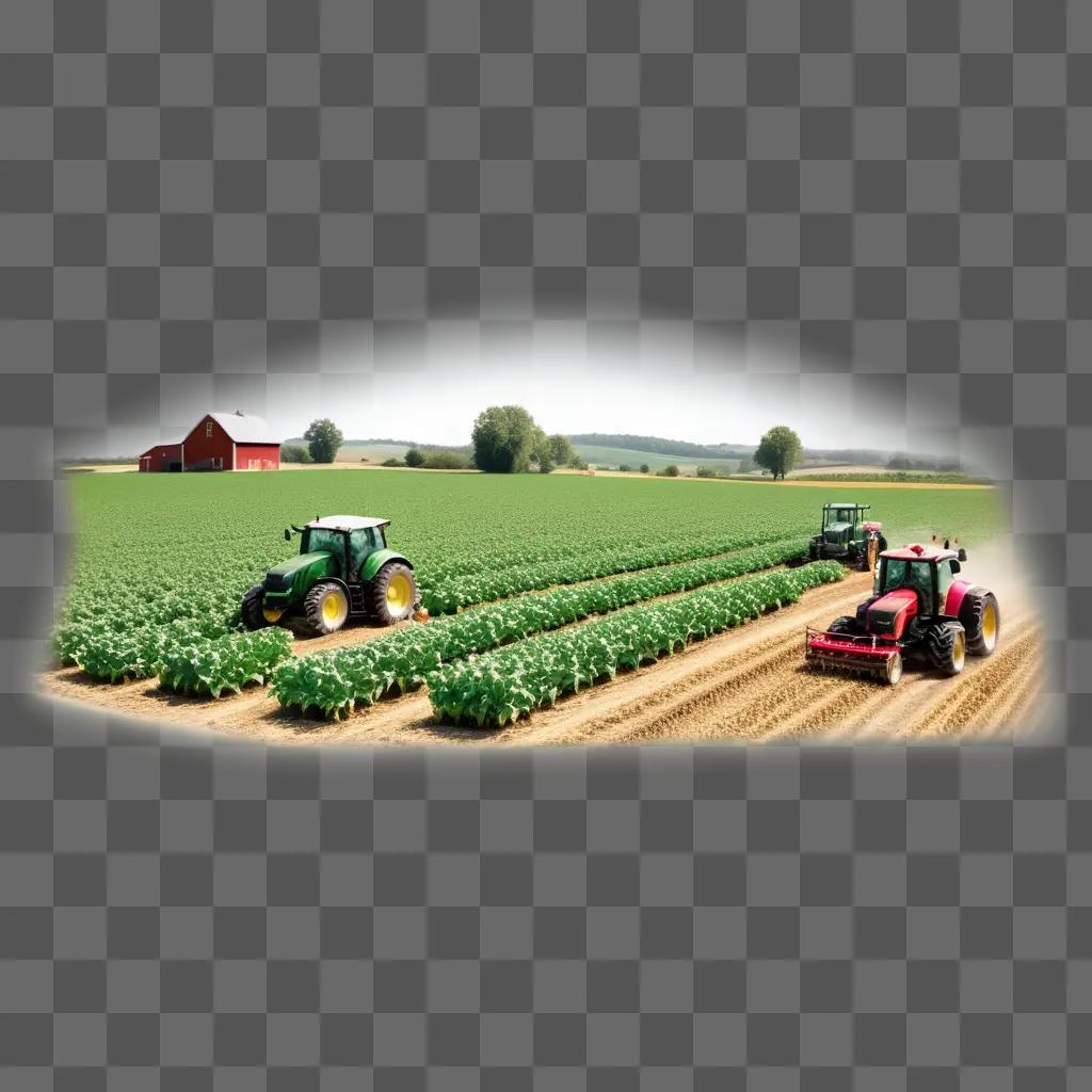 Three tractors work the fields in a farm scene