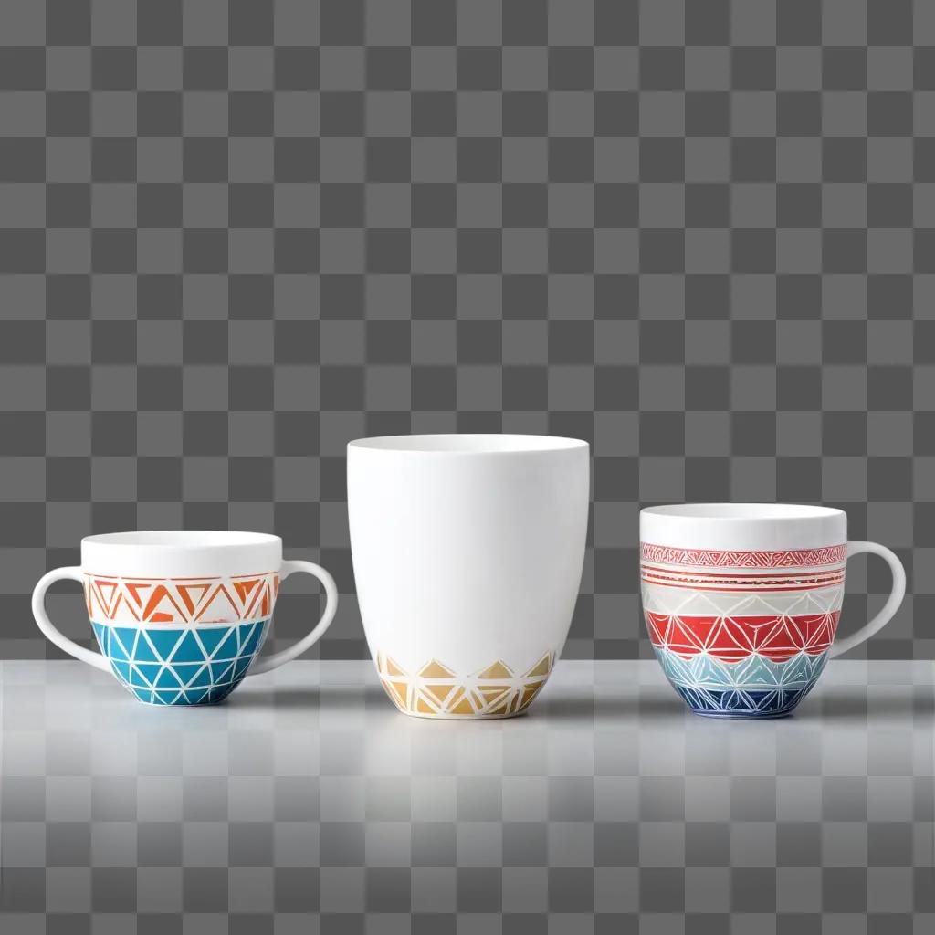 Three uniquely designed cups sit on a white surface