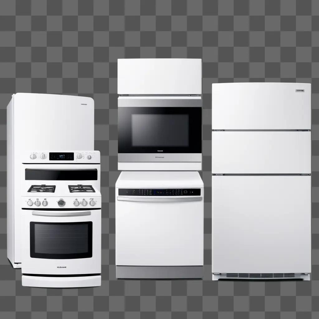 Three white appliances line up against a gray wall