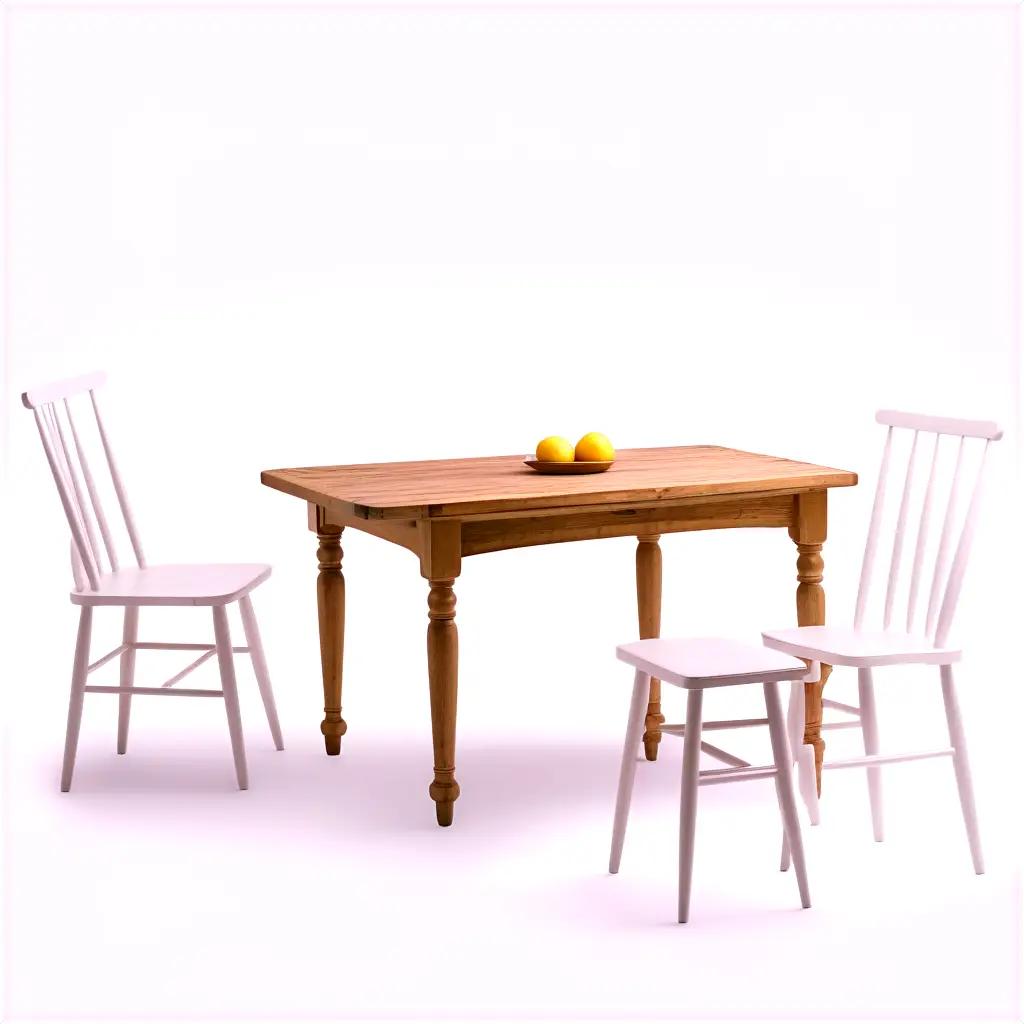 Three white chairs and a wooden table in a kitchen