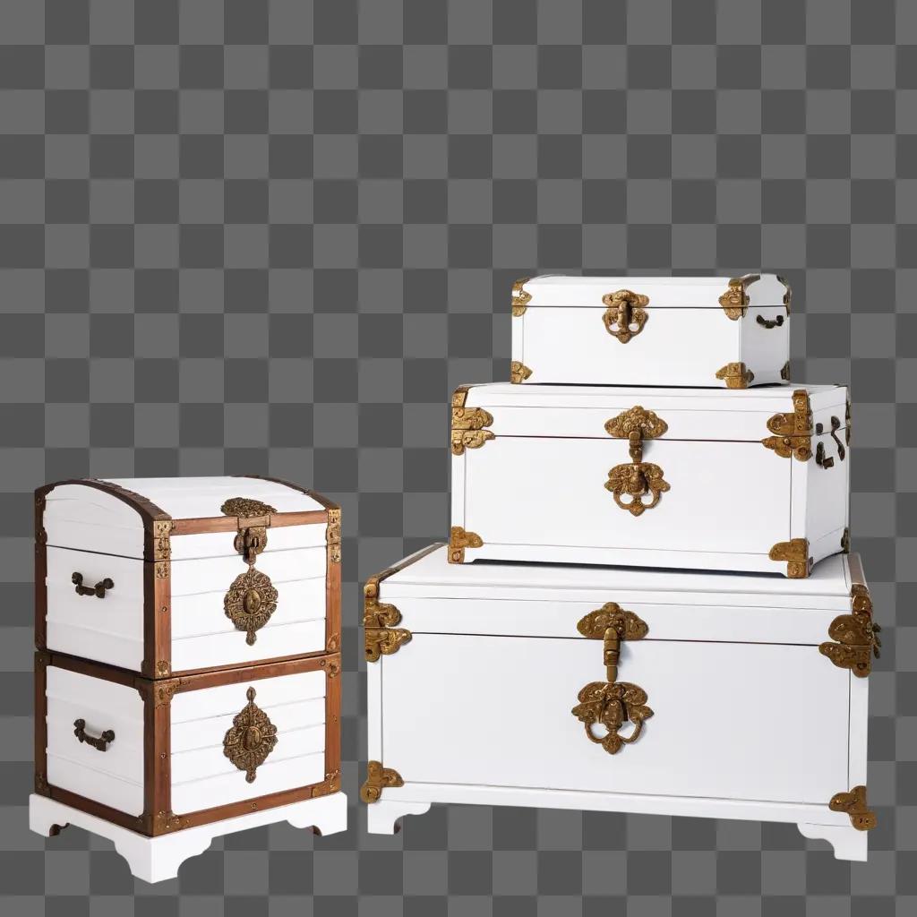 Three white chests with gold accents and handles