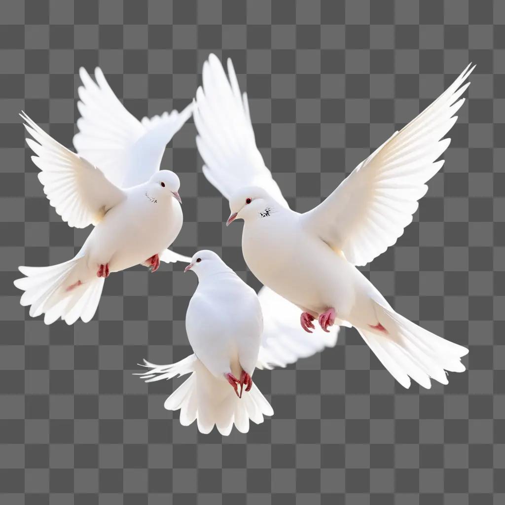 Three white doves fly together on a white background