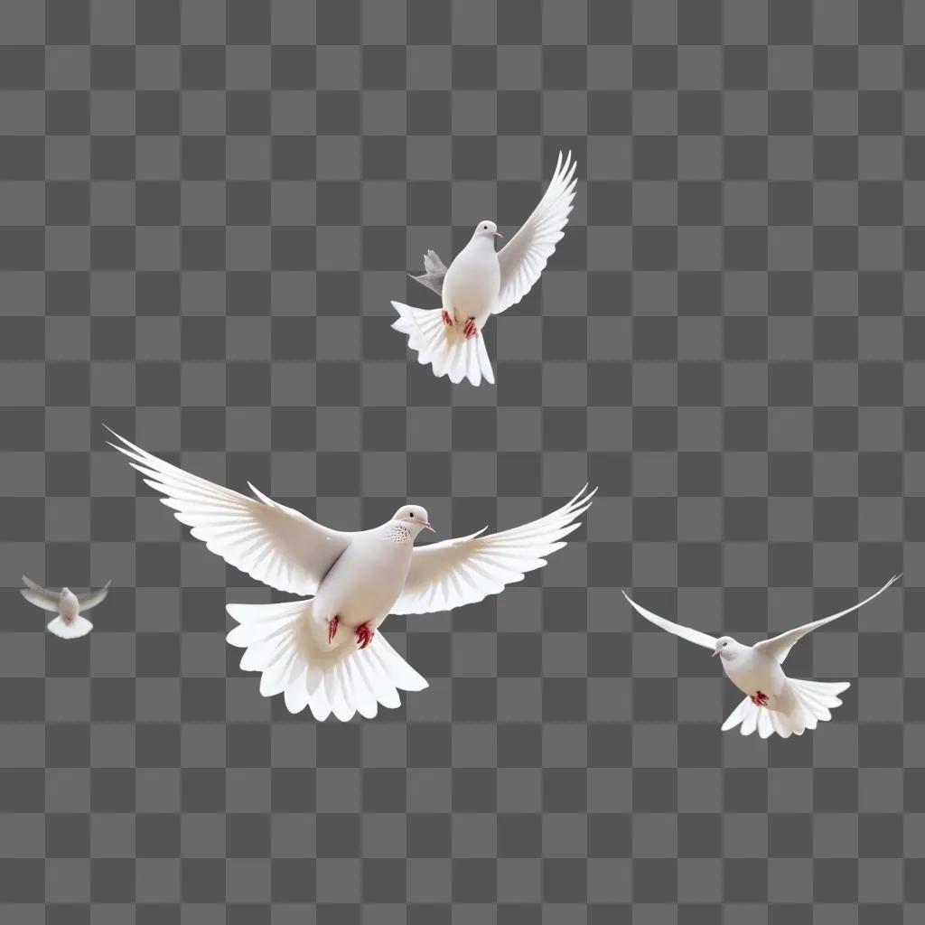 Three white doves flying in the air