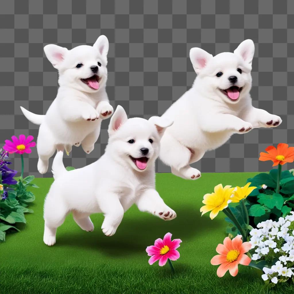 Three white puppies play in the garden