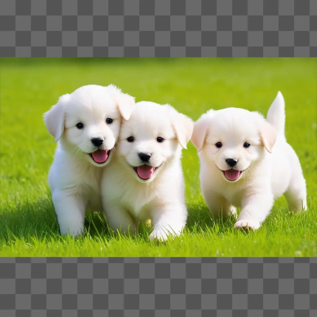 Three white puppies run in the grass