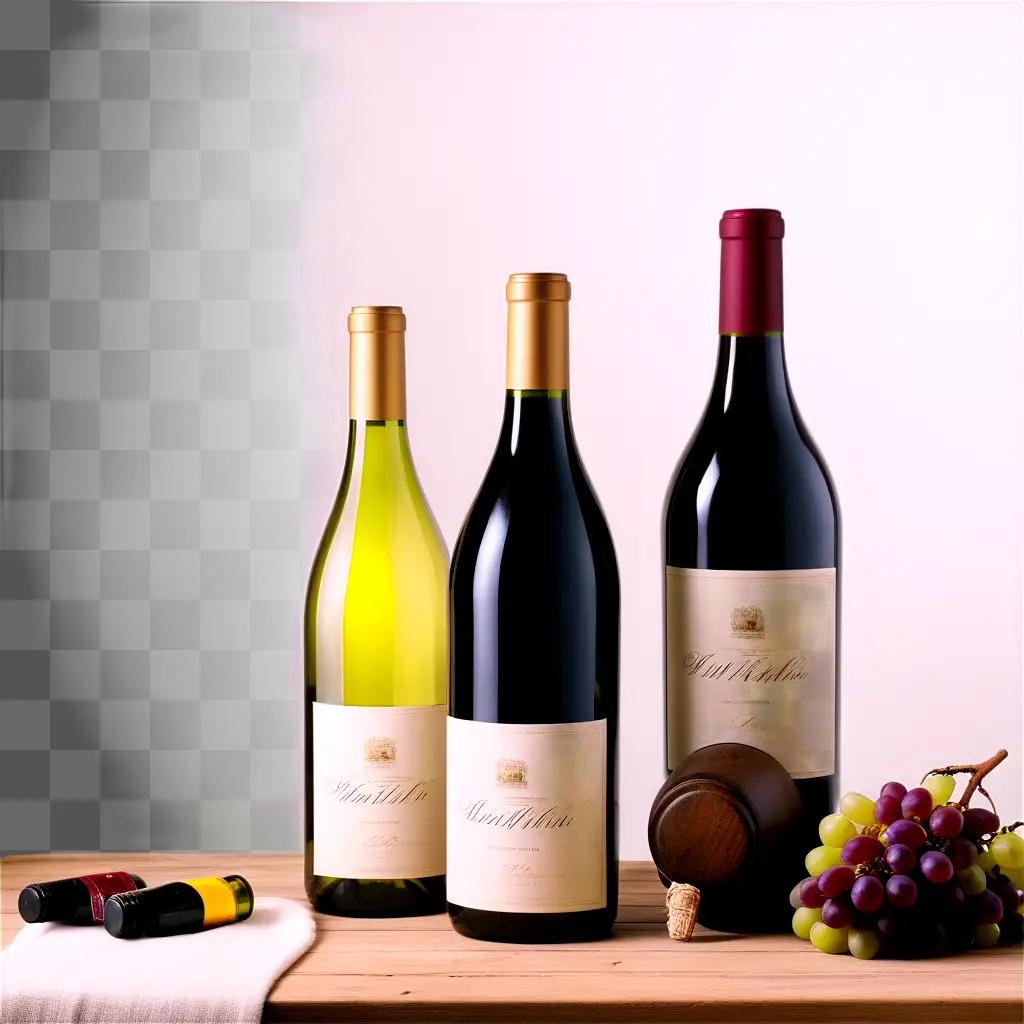 Three wine bottles on a wooden table