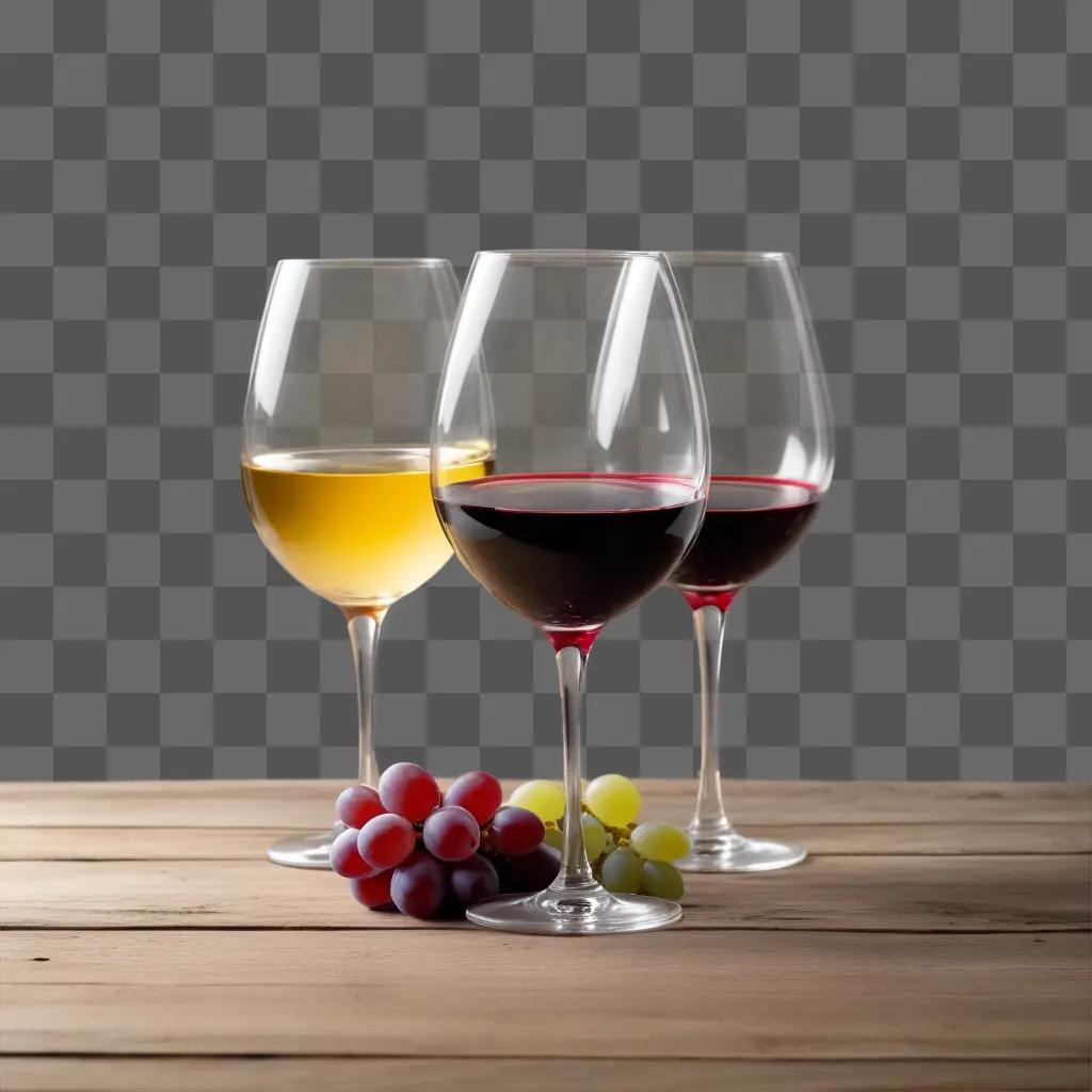 Three wine glasses on wooden table with grapes