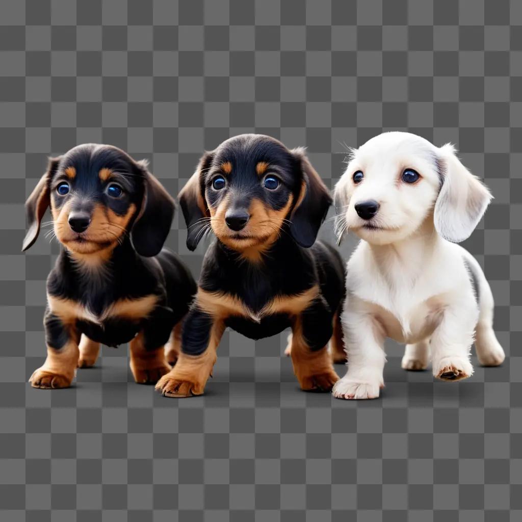 Three wire haired dachshund puppies stand together