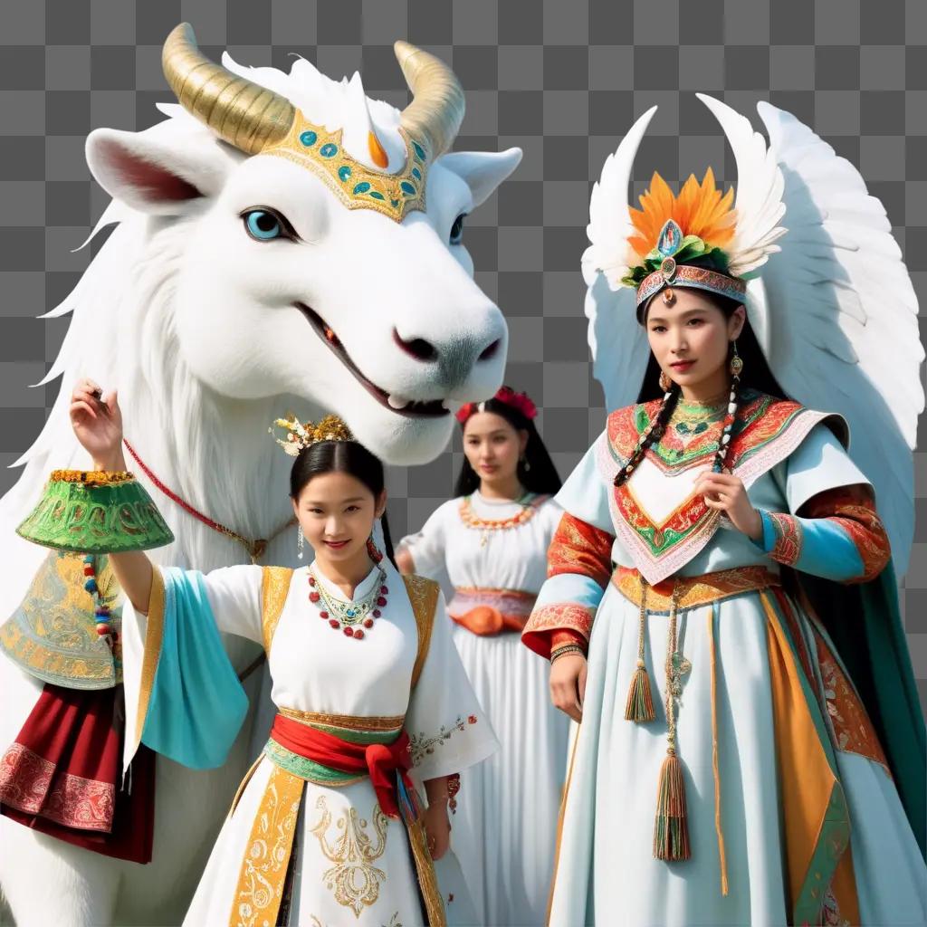 Three women dressed in traditional Chinese clothing with a white cow statue in the background