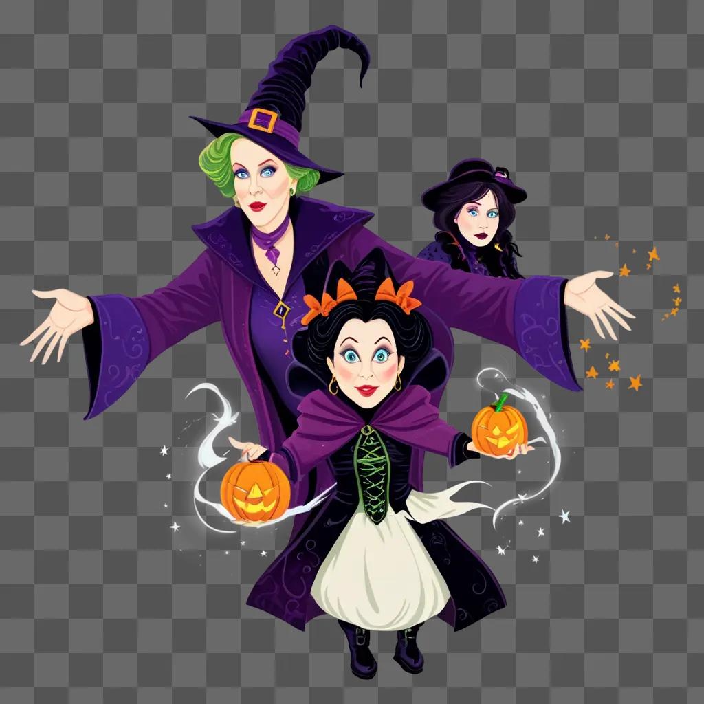 Three women in Halloween costumes, one holding a pumpkin