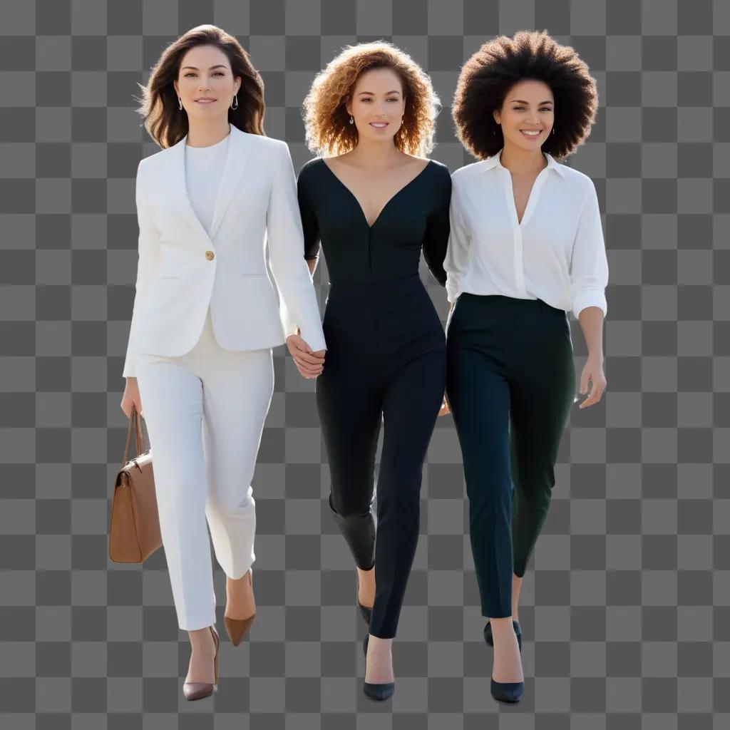 Three women in business attire walking together