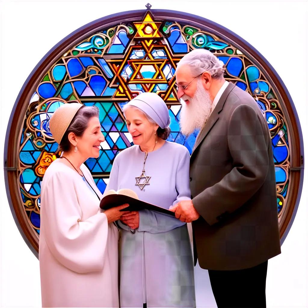 Three women in white pray in front of a stained glass window