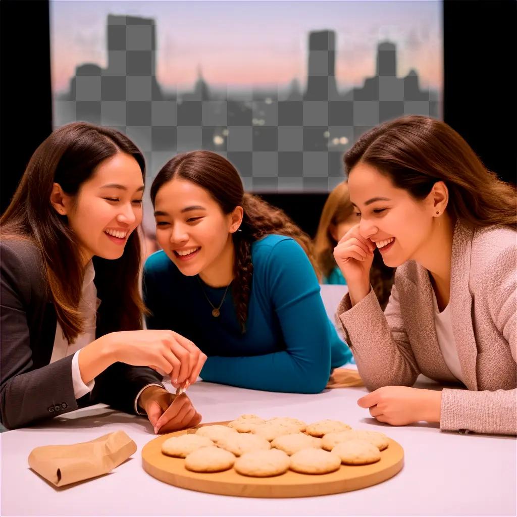 Three women laugh while enjoying cookies