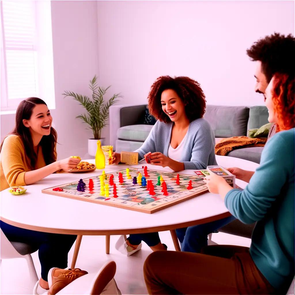 Three women play a colorful board game at a table